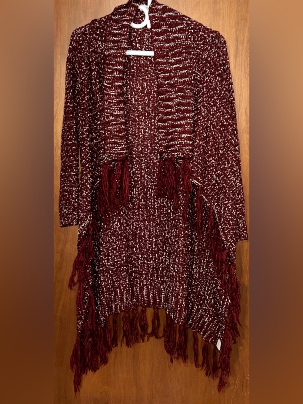 Maroon and White Fringe Open Knit Cardigan